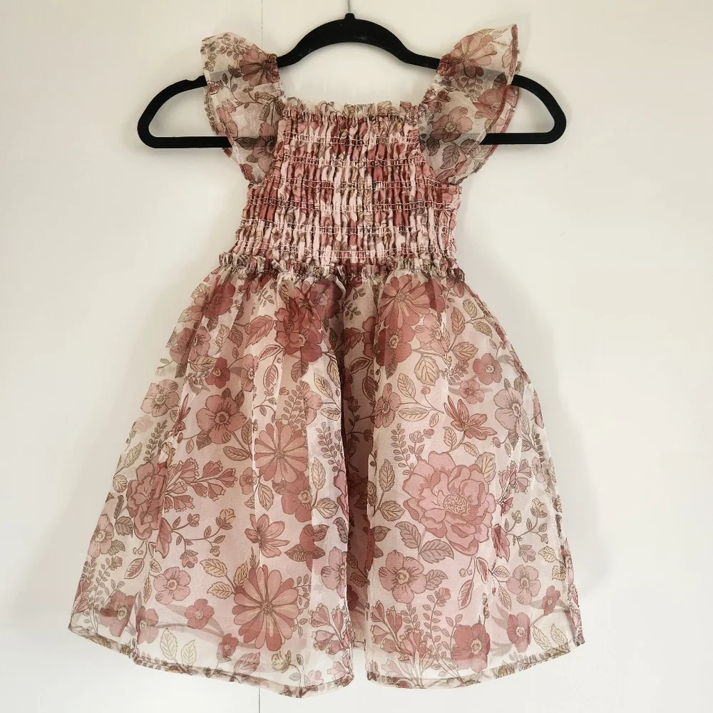 Kensie Girl Floral Smocked Dress Ruffle Sleeve Pink Size 4